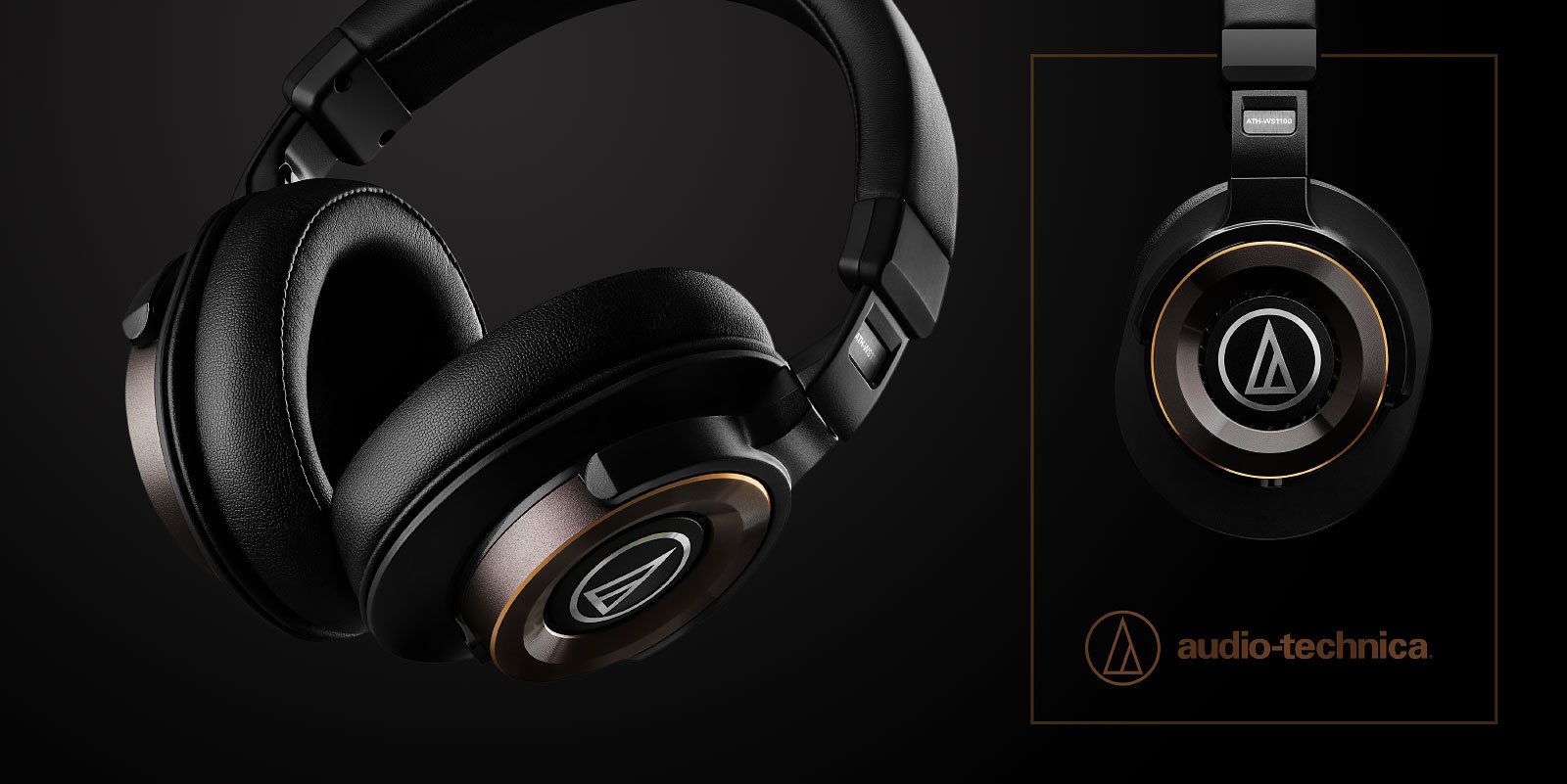 Audio-Technica headphones headset advertising photo on black background